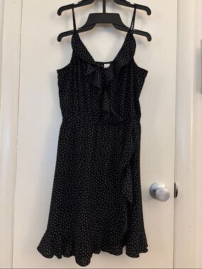 H&M Black mini Dress with White Polka Dots and Ruffle Detail